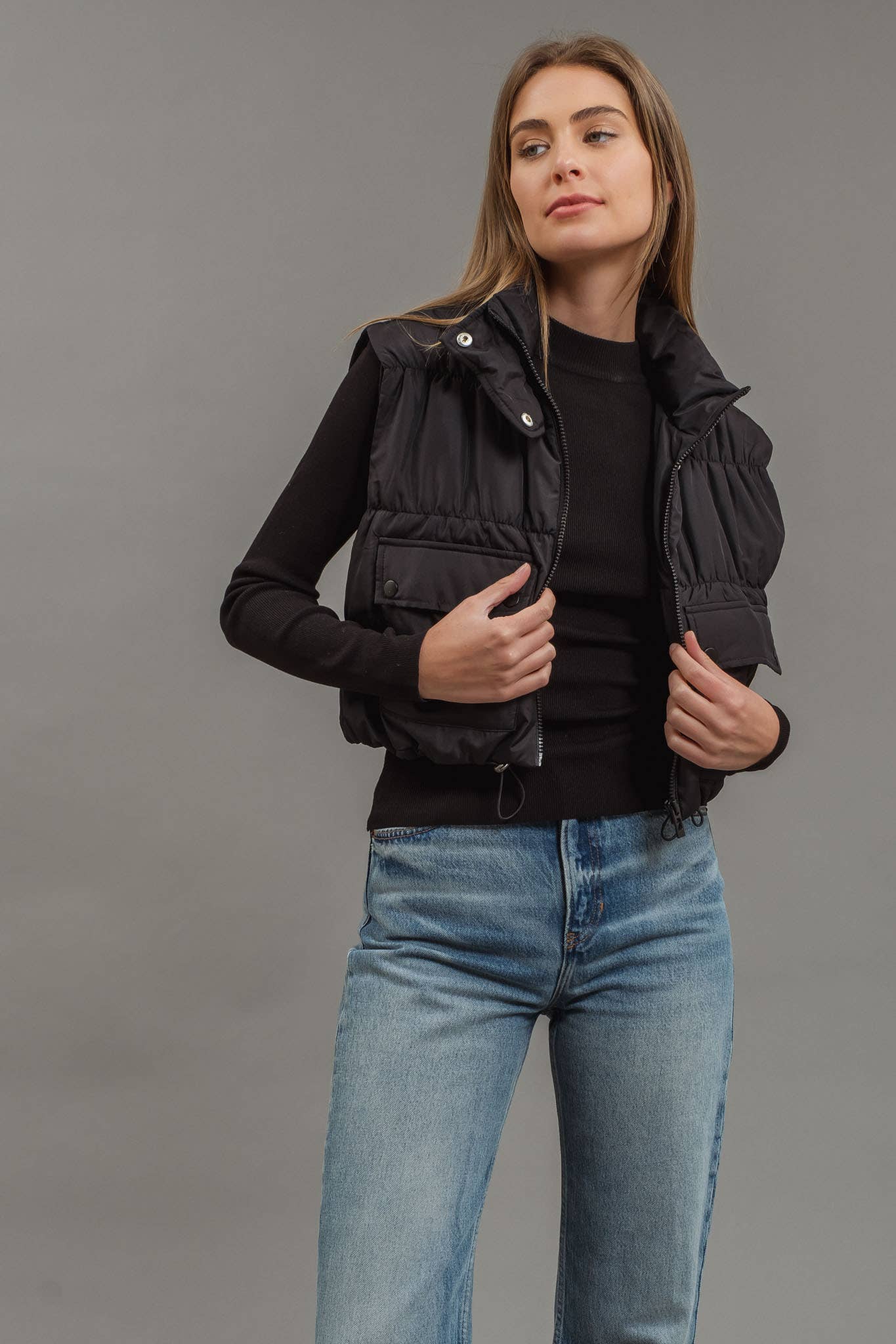 Cropped Zip Up Cargo Puffer Vest, Black