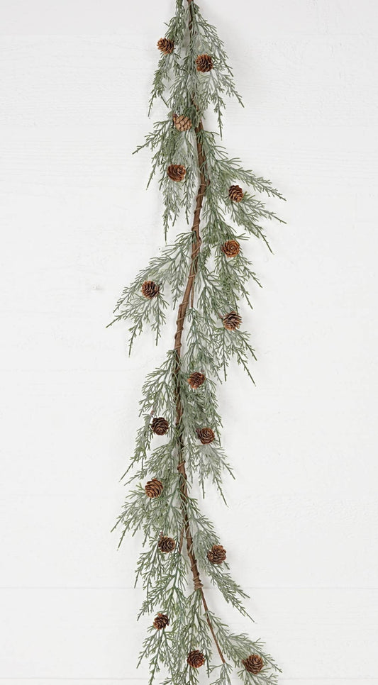 4' Garland-Flocked sage Cedar w. Birch Cones *SEASONAL*