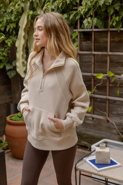 Half Zip Long Sleeve Knit Top w Pocket: Khaki