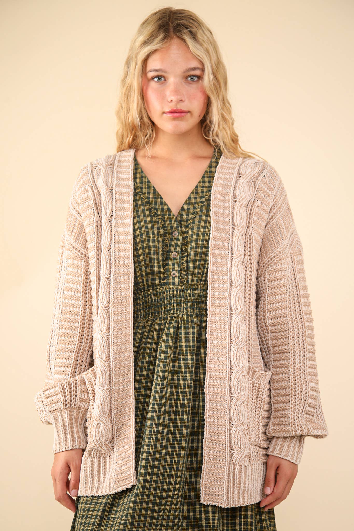 Two Tone Knit Oversized Sweater Cardigan W/ Pockets, Taupe