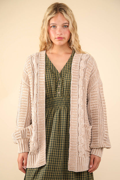 Two Tone Knit Oversized Sweater Cardigan W/ Pockets, Taupe