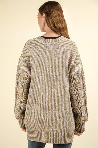 Two Tone Knit Oversized Sweater Cardigan W/ Pockets: Olive