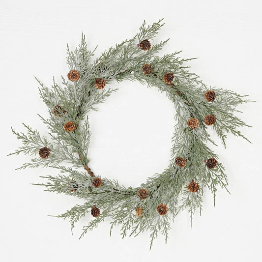 20inch Wreath-Flocked Sage Cedar w. Birch Cones *SEASONAL*