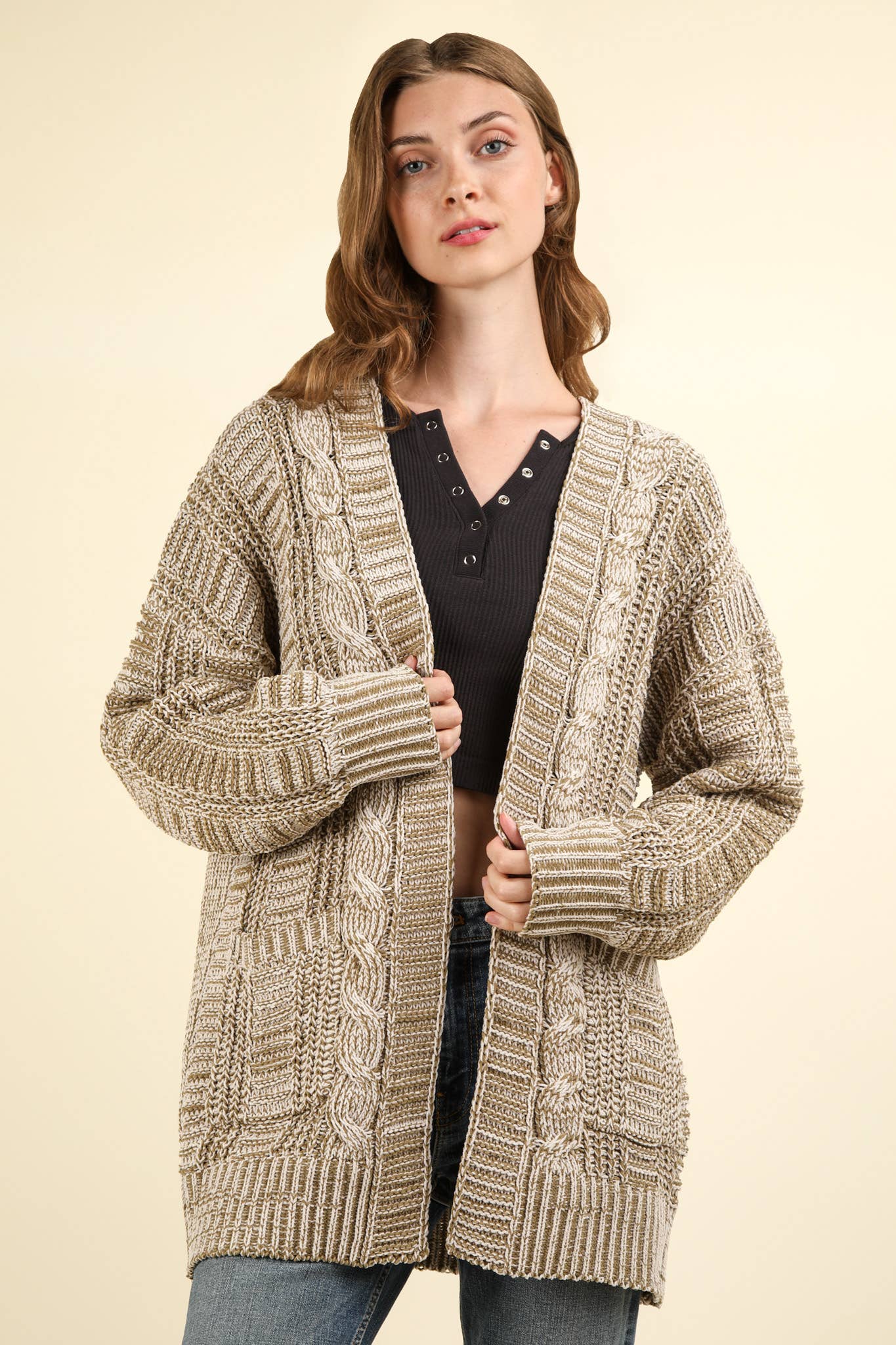 Two Tone Knit Oversized Sweater Cardigan W/ Pockets: Olive