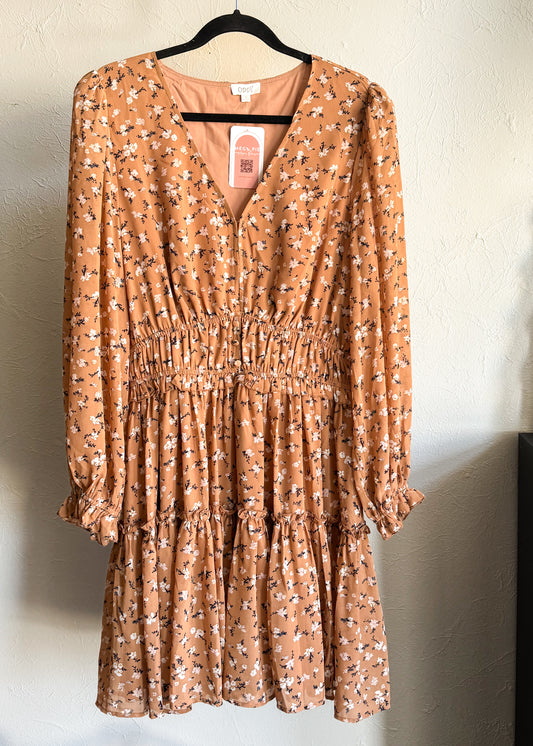 Tan Floral Tiered Dress, Curvy 1XL-3XL