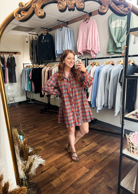 Oversized Plaid Button Down Tunic/Dress w Pockets , Red Orange Multi