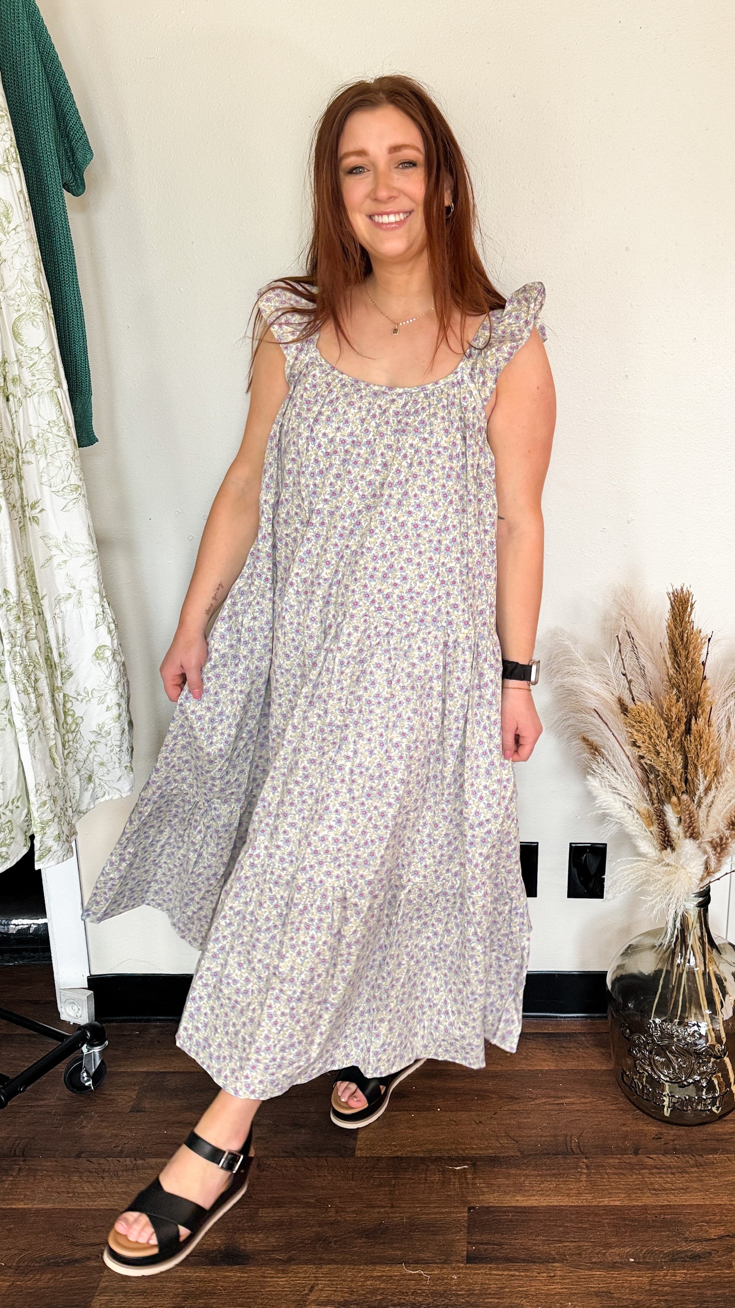 Floral Ruffle Sleeve Maxi Dress with POCKETS, Medium