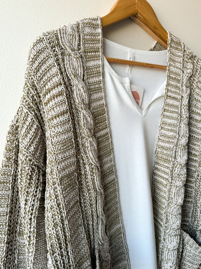 Two Tone Knit Oversized Sweater Cardigan W/ Pockets: Olive