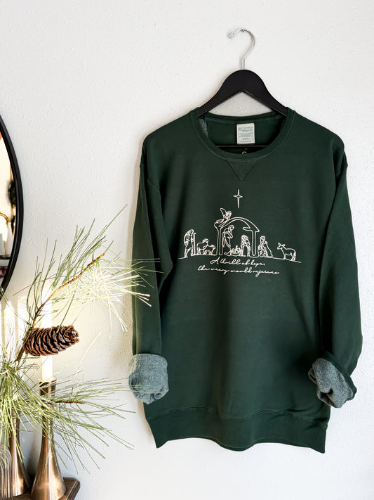 A Thrill of Hope, The Weary World Rejoices Crewneck Sweatshirt, Christmas Tree Green