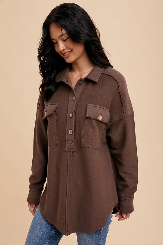 Brown Collared Button Front Long Pullover, Medium