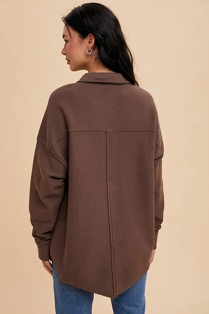 Brown Collared Button Front Long Pullover, Medium