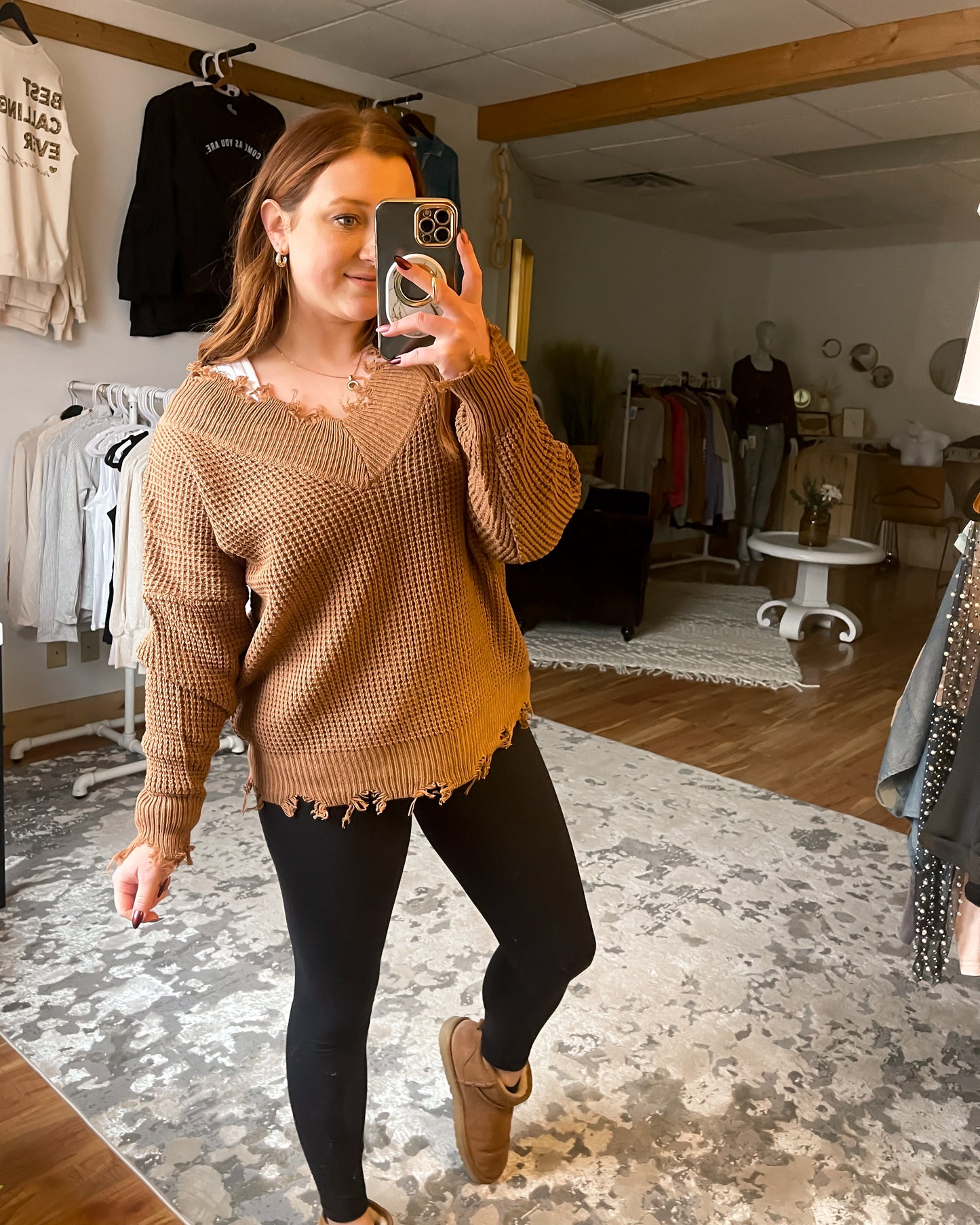 Zenana Wide Double V-Neck Distressed Waffle Sweater | Deep Camel