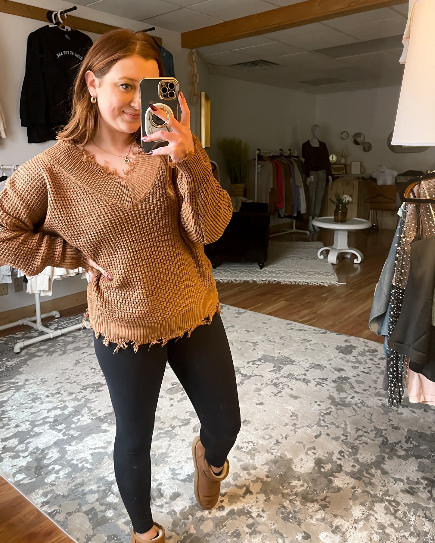 Zenana Wide Double V-Neck Distressed Waffle Sweater | Deep Camel