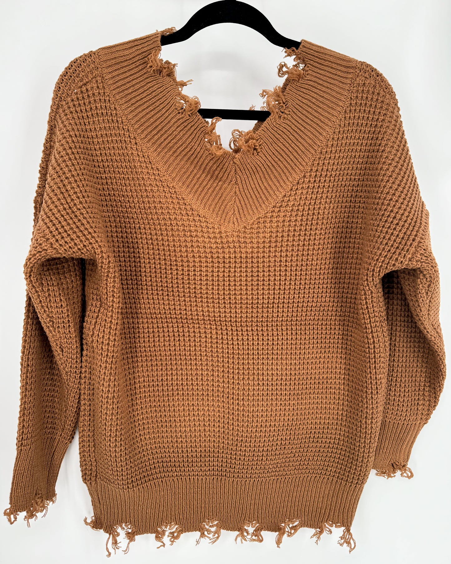 Zenana Wide Double V-Neck Distressed Waffle Sweater | Deep Camel