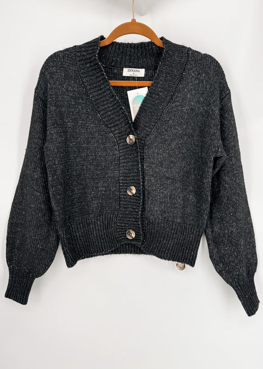 Zenana Melange Button Sweater Cardigan | Black