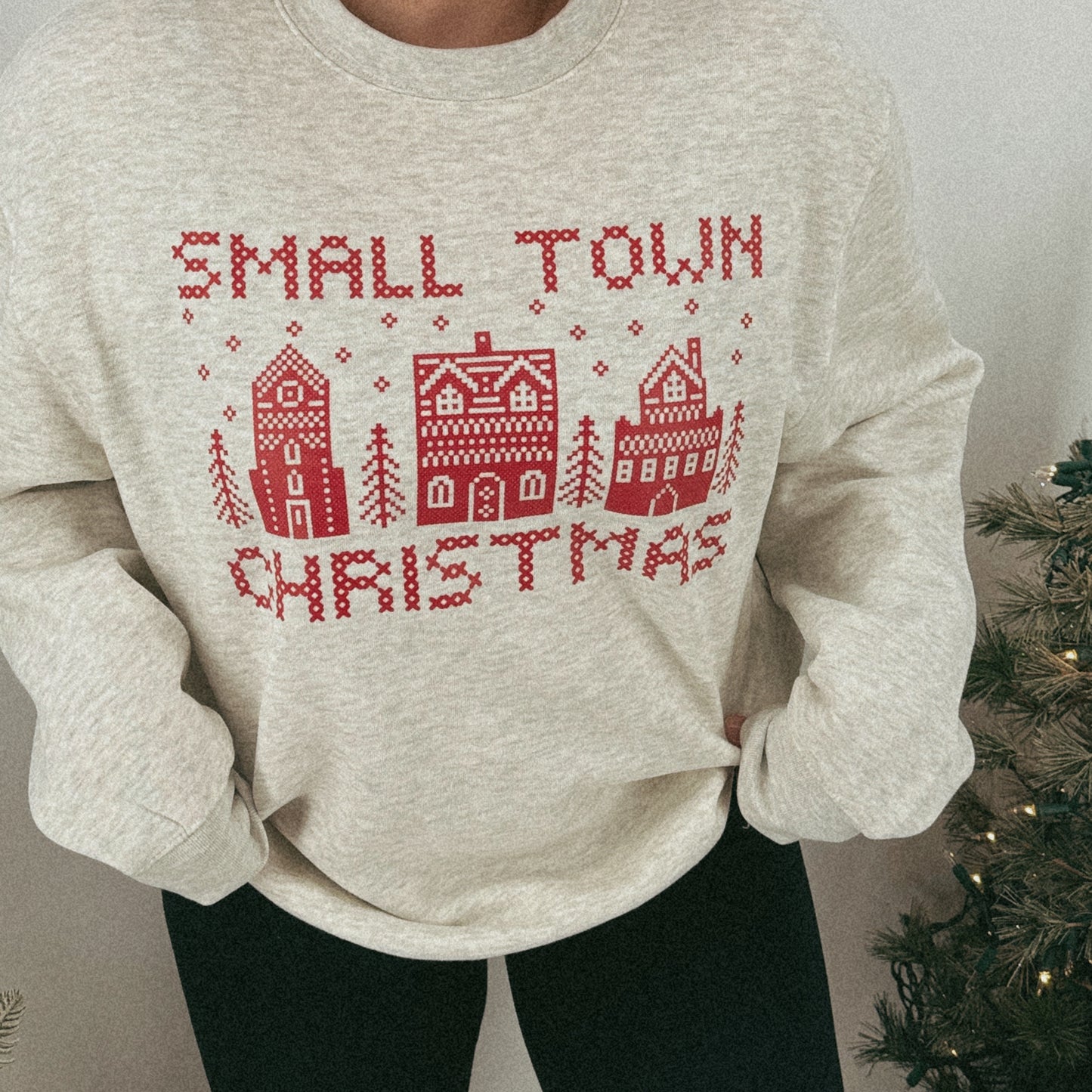 Cross Stitch Small Town Christmas Crewneck | Oatmeal Heather *NEW BRAND!*