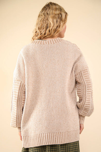 Two Tone Knit Oversized Sweater Cardigan W/ Pockets, Taupe