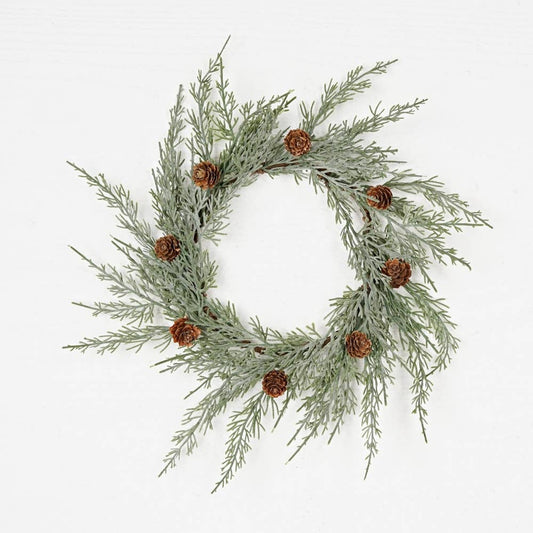 15" Wreath-Flocked Sage Cedar w. Birch Cones *SEASONAL*