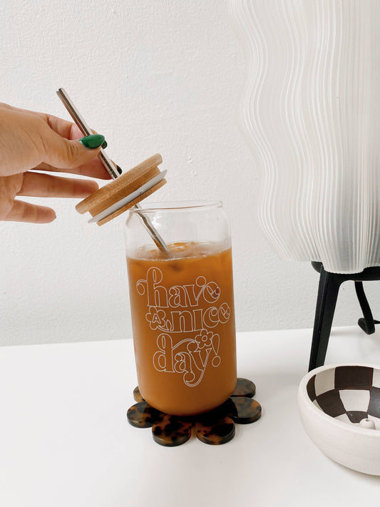 DISHWASHER SAFE! Have a Nice Day Classic Glass Cup, Lid and straw